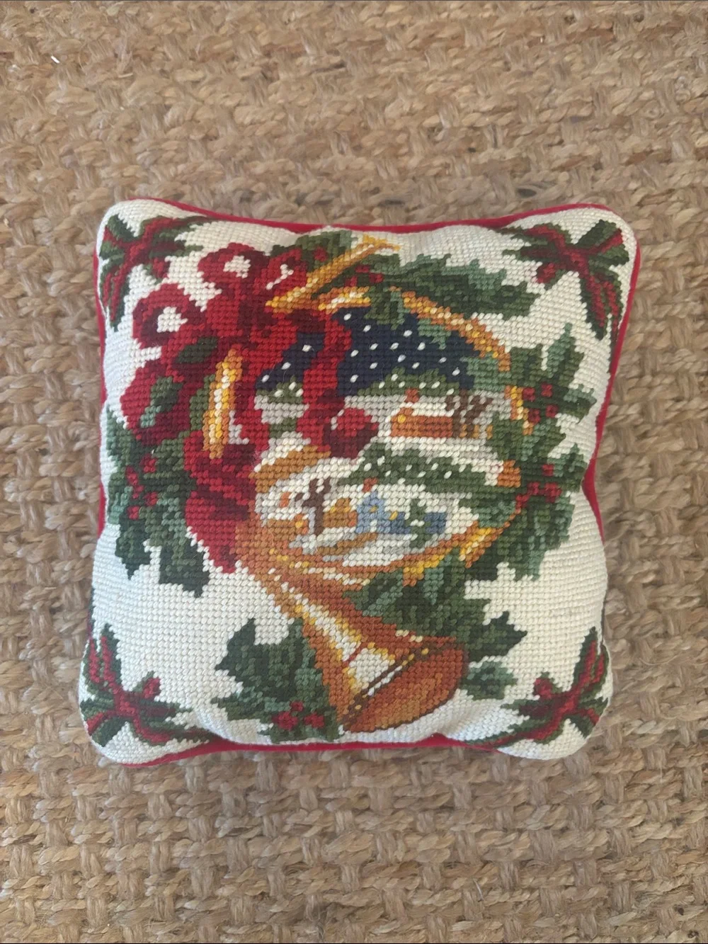 Vintage holiday  Needlepoint Horn Wreath Pillow - Cream, Red & Green